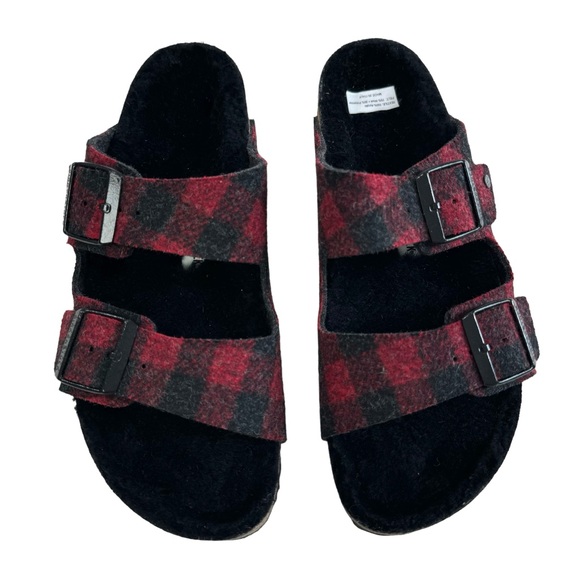 Birkenstock Arizona Shearling Red/Black Buffalo Plaid Slide Sandal Size L10/ M8 - Picture 5 of 16